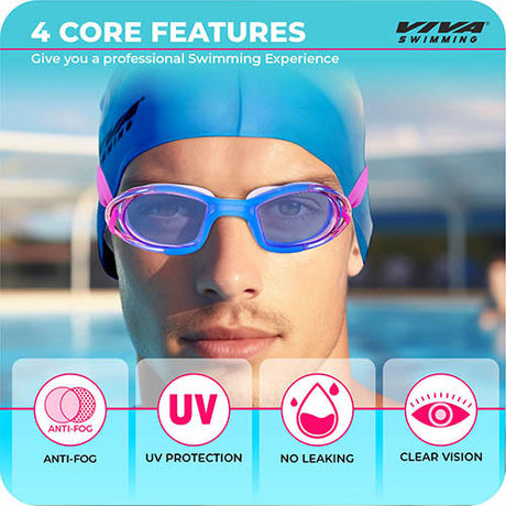 Viva Swimming Combo 616 Swimming Goggles & Swimming Cap, 2 Ear Plug With Nose Clip Swimming Kit Anti-Fog, UV Protection For Adults, Boys, Men