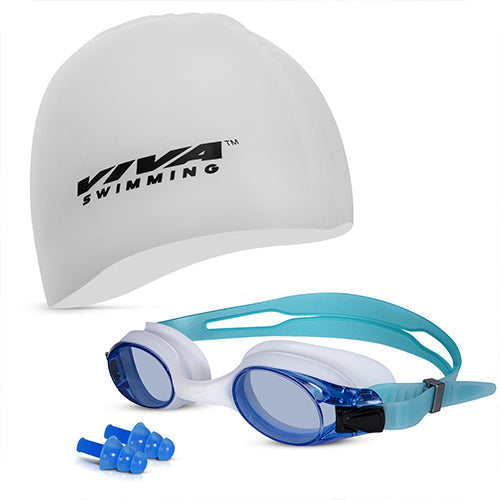 Viva Swimming Combo-704 Senior Kit- Swim Goggles, Caps and Ear plug Combo Set With Case Set- Silicone Non-Slip Material, Anti-Fog, UV Protection For Adults, Boys, Men