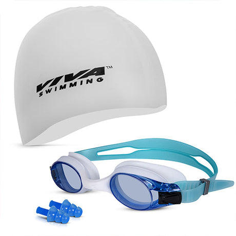 Viva Swimming Combo-704 Senior Kit- Swim Goggles, Caps and Ear plug Combo Set With Case Set- Silicone Non-Slip Material, Anti-Fog, UV Protection For Adults, Boys, Men