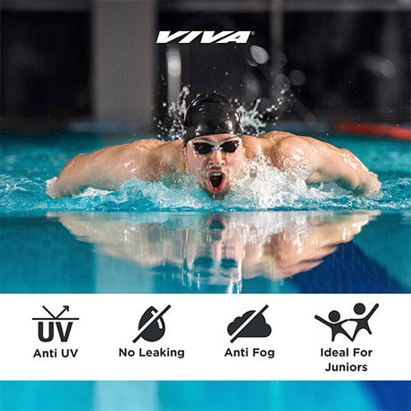 Viva Swimming VIVA-55 (Junior) Anti-Fog UV Protection 100% Silicone Swimming Goggles for Kids, Boys|Wide-Angle Vision Swim Glasses with Silicone Comfort & Adjustable Strap