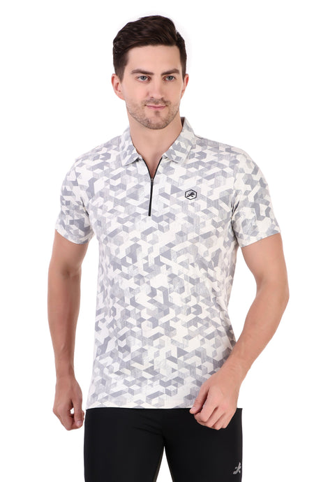 Performance Polo Zip Collar Tshirt For Men (White Geometry)