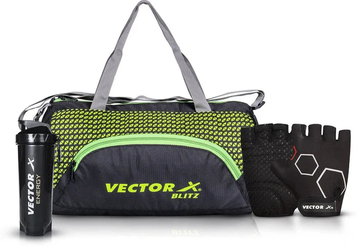 Vector X Blitz Gym Bag Combo for Men ll Gym Bag with Shoe Compartment and, Black Bottle, Black Wristband, Black Gloves ll Gym Bag & Fitness Kit & Gym Bag Combo