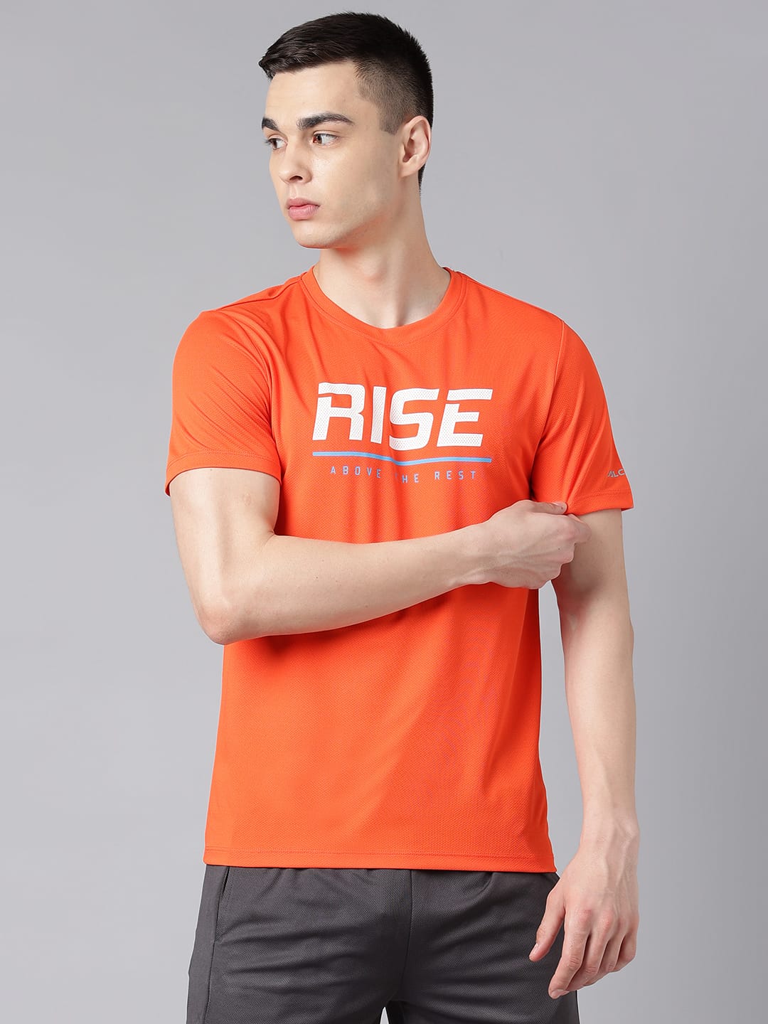 Alcis Men's Printed Orange Anti-Static Drytech+ Slim-Fit Training Tee
