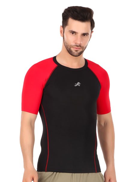 Nylon Compression Tshirt Half Sleeve Tights For Men (Black/Red)