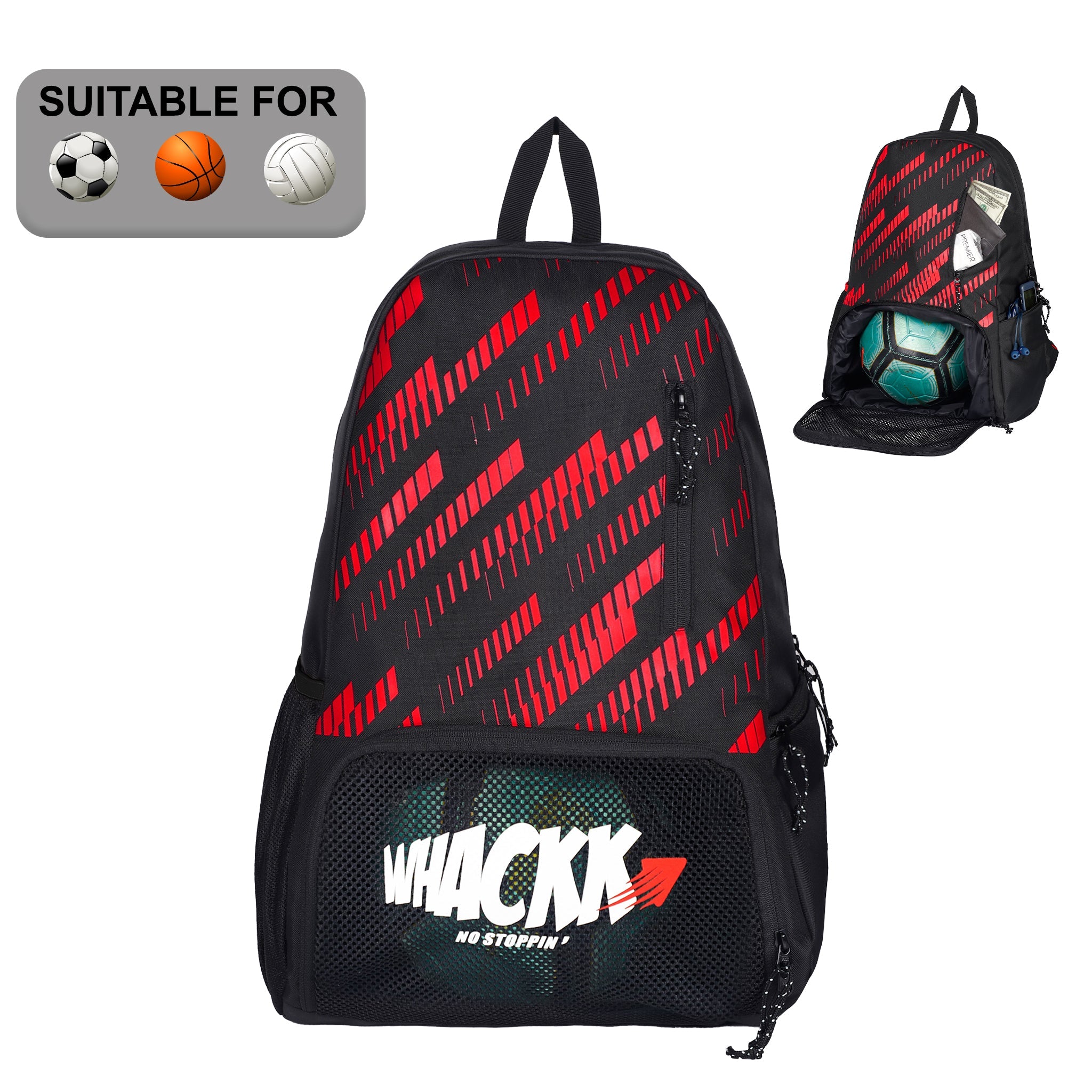 Thunderbolt 28L Red |Football Basketball Volleyball Equipment Backpack Bag|Kit Bag|Soccer Bag|Boys Kids Adult Men|Mesh Shoe or Ball Pocket|Bottle Holder| Easy Access Pocket