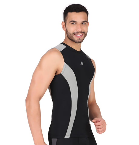 Nylon DC Compression Tshirt Cutsleeves Tights For Men (Black/L.Grey)