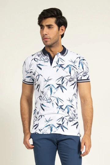 White Contrast Collar Printed Polo - KIBI SPORTS