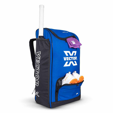 Vector X Greenfield 60 LTR. PU Polyester Cricket Backpack Senior Kit Bag Without Wheel|1 Pocket for Bat|Shoe & Accessories Pockets |1 Water Bottle Holders|Lightweight |Dual Opening (Blue - Black)
