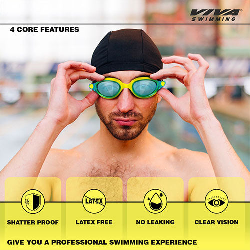 Viva Swimming Vision Silicone Swimming Goggles Mirrored Nose Bridge|Anti-Fog, UV Protection|Wide View & Comfortable One Piece|For professional Swimmer|Case Packing