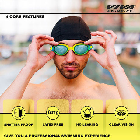 Viva Swimming Vision Silicone Swimming Goggles Mirrored Nose Bridge|Anti-Fog, UV Protection|Wide View & Comfortable One Piece|For professional Swimmer|Case Packing