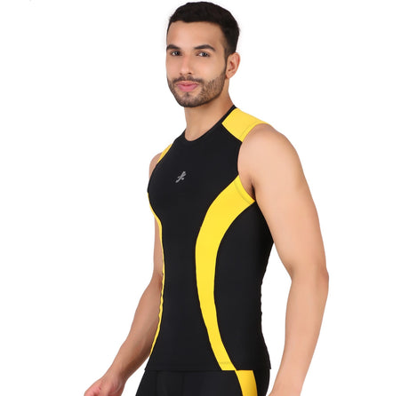 Nylon DC Compression Tshirt Cutsleeves Tights For Men (Black/Yellow)