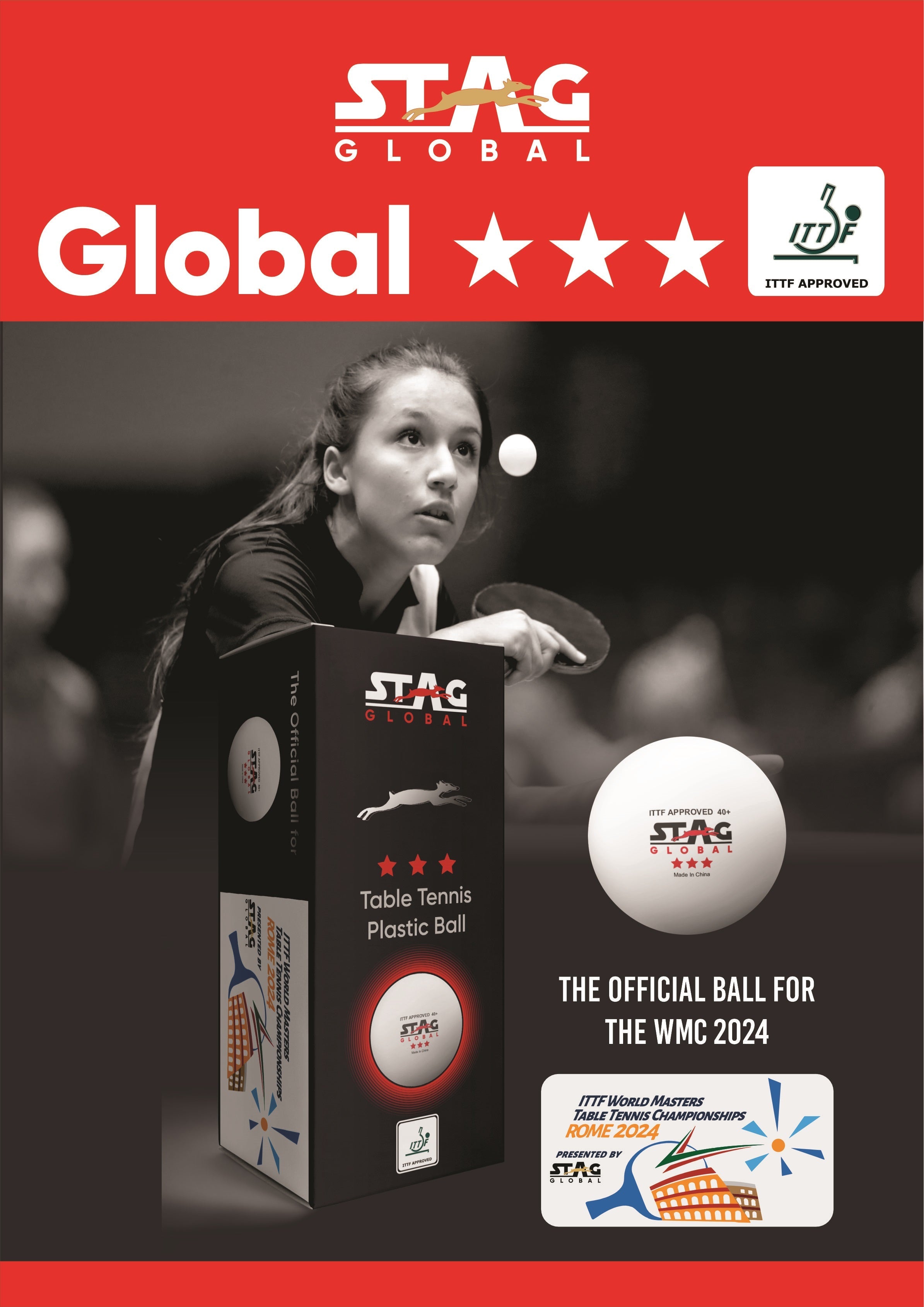 STAG GLOBAL Special Edition : Rome 2024  3 Star 40+ MM Table Tennis Ball