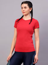OGT-380 Women Solid Round Neck Polyester Fushia Red T-Shirt