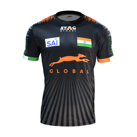 STAG GLOBAL Team India Sports Jersey for Men & Women | Peach Mesh Fabric | 4-Way Stretch | Breathable Athletic T-Shirt | Black & Sky  Blue