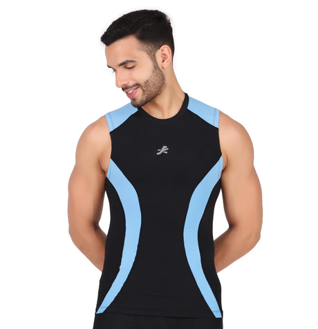 Nylon DC Compression Tshirt Cutsleeves Tights For Men (Black/Aqua)
