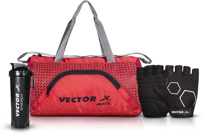 Vector X Blitz Gym Bag Combo for Men ll Gym Bag with Shoe Compartment and, Black Bottle, Black Wristband, Black Gloves ll Gym Bag & Fitness Kit & Gym Bag Combo