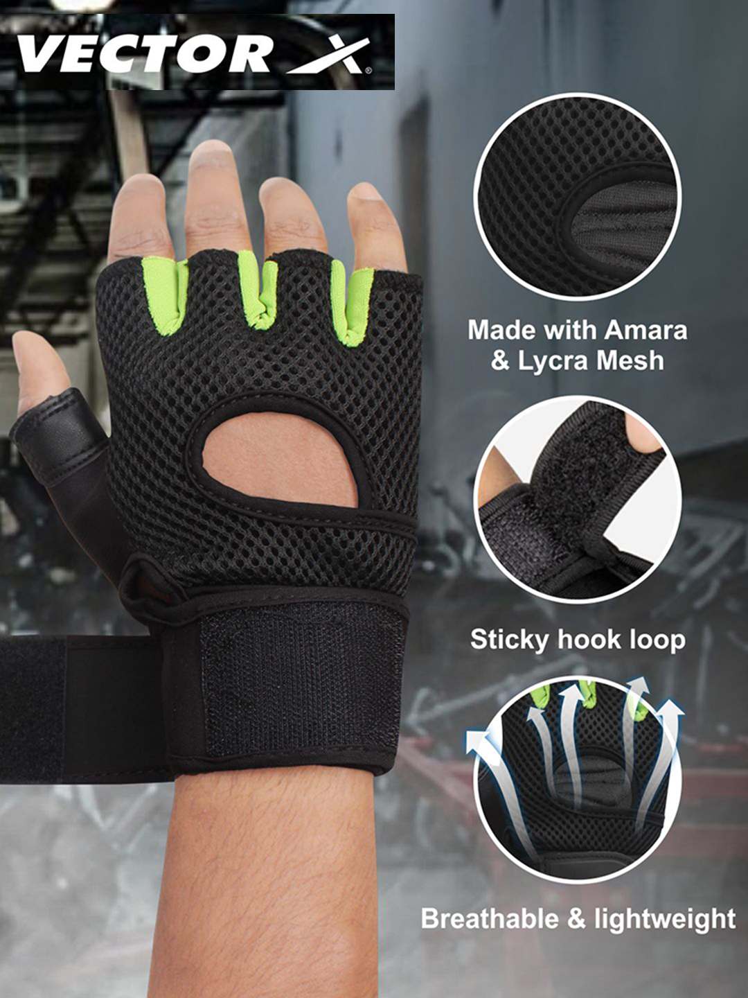 Vector X VX 500 Gym Fitness Fingerless Gloves for Men Women Sports Practice Gloves with Wrist Support Accessories