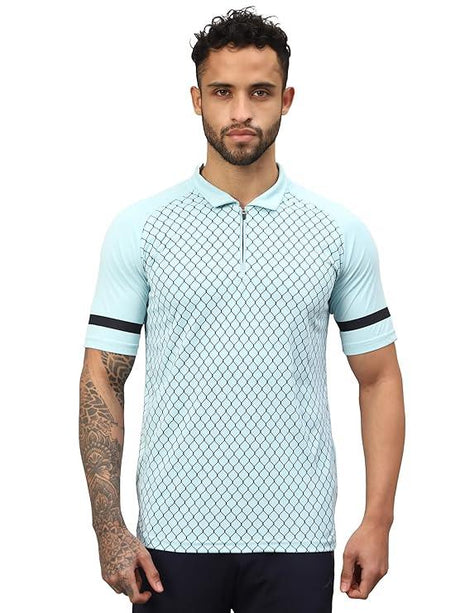Vector X Mens Sports Wear Polyester Front Printed Collar Neck with Front Zipper Opening Half Sleeves T-shirt For Running, Training, Athletic