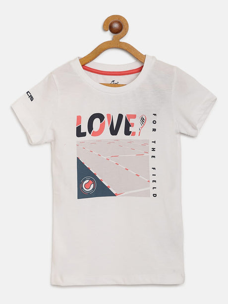 Alcis Girls Off White & Coral Pink Typography Print Slim Fit Badminton T-shirt | Alcis