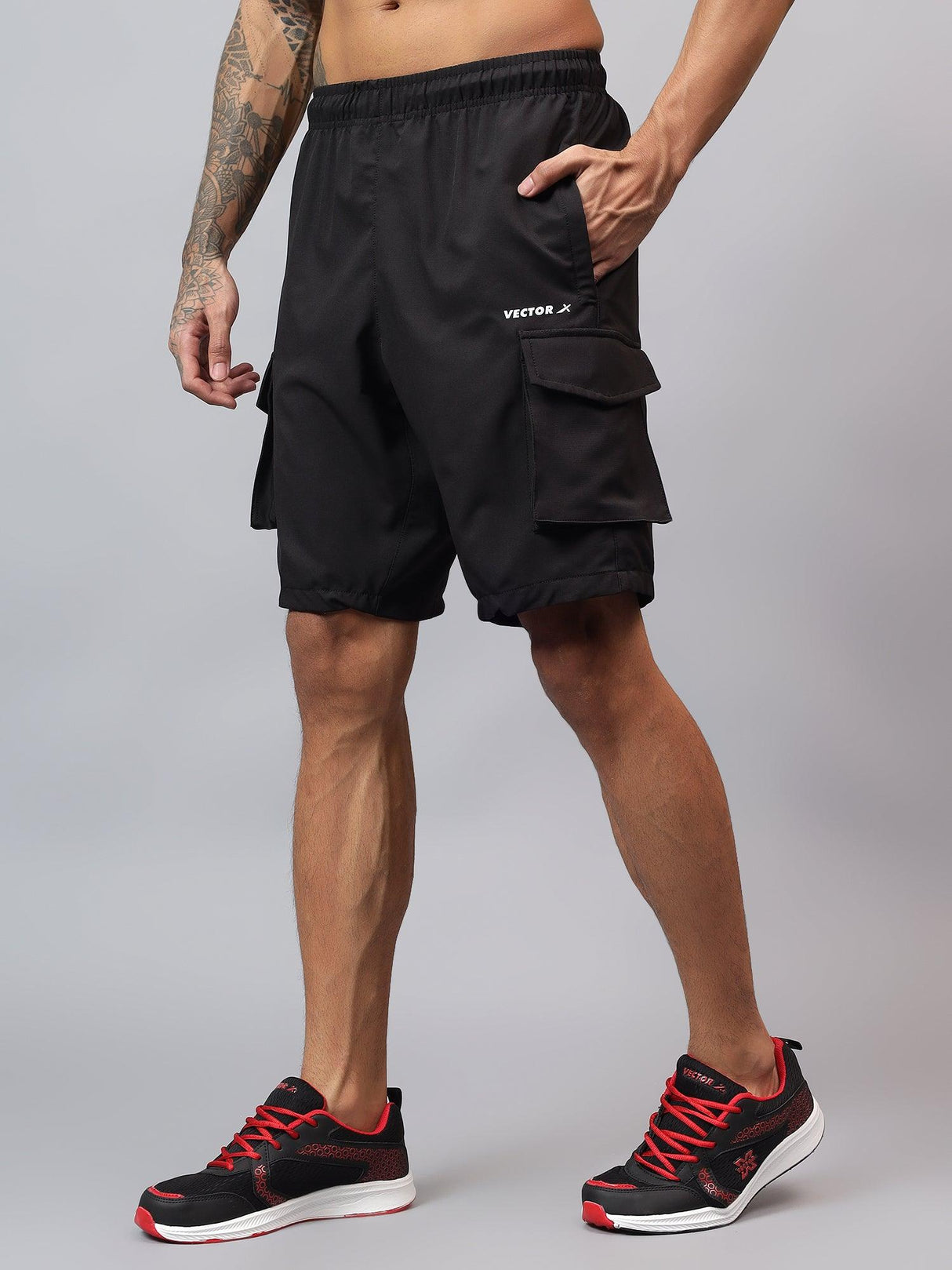 Vector X Solid Men Black Cargo Shorts 2 Side Zipper Pocket Made with Polyester