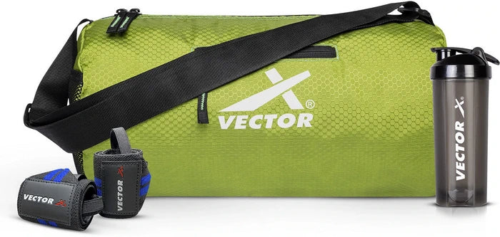 Vector X All in One Multipurpose Gym Bag Kit-Attacker 17 L Gym Sports Duffel Bag + Wrist Strap for Gym & Fitness Wrist Support + Nitro 700 ml Protein Shaker Bottle for Men & Women