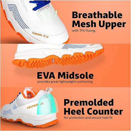Vector X Swing 2.0 Cricket Shoes for Men & Boys Sports Shoes Lightweight Upper with TPU Fusing, EVA Midsole with Rubber Oustole Cricket Practice/Professional (Whie-Orange)
