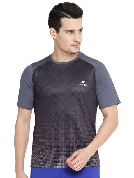Alcis Men Black Grey Printed Round Neck Running T-shirt | Alcis