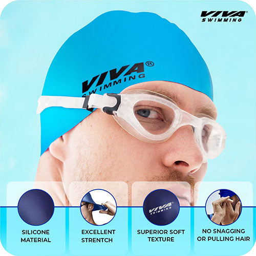 Viva Swimming Combo 614 Senior Kit- Swim Goggles, Caps and Ear plug Combo Set With Case Set- Silicone Non-Slip Material, Anti-Fog, UV Protection For Adults, Boys, Men