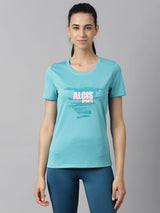 Alcis Women Printed Sea Green Anti-Static Slim-Fit Round Neck Training T-Shirt