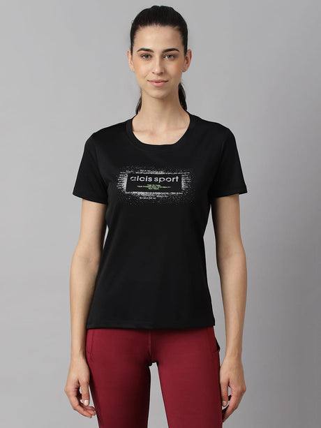 Alcis Women Printed Black Anti-Static Slim-Fit Round Neck Training T-Shirt