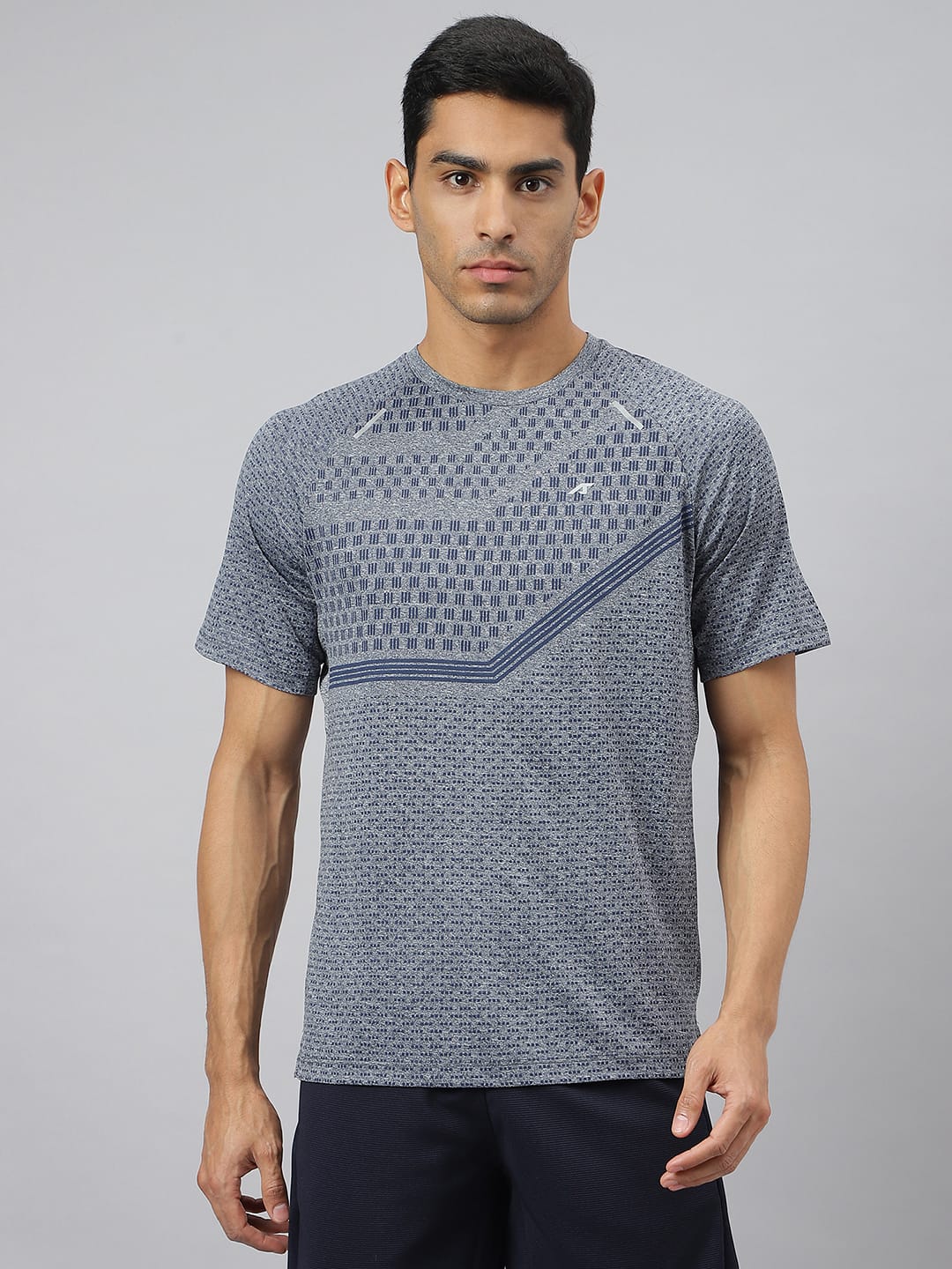Alcis Men Navy Heather Anti-Static Slim-Fit Round Neck Distance Running T-Shirt