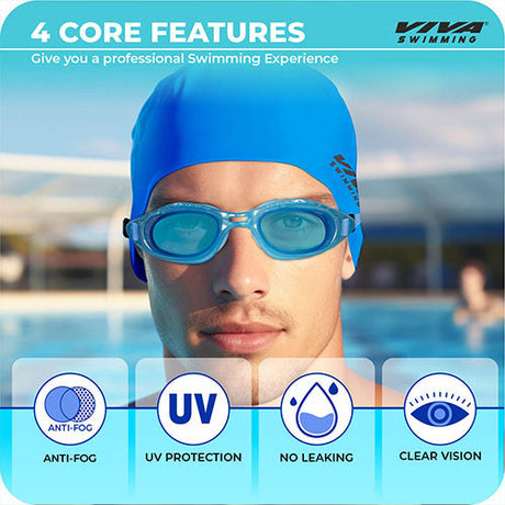 Viva Swimming Combo 614 Senior Kit- Swim Goggles, Caps and Ear plug Combo Set With Case Set- Silicone Non-Slip Material, Anti-Fog, UV Protection For Adults, Boys, Men