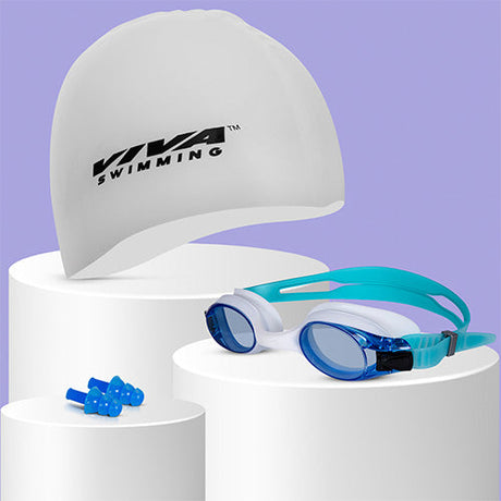 Viva Swimming Combo-704 Senior Kit- Swim Goggles, Caps and Ear plug Combo Set With Case Set- Silicone Non-Slip Material, Anti-Fog, UV Protection For Adults, Boys, Men