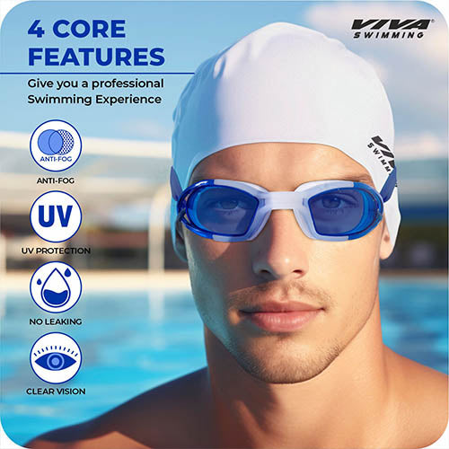 Viva Swimming Combo 616 Swimming Goggles & Swimming Cap, 2 Ear Plug With Nose Clip Swimming Kit Anti-Fog, UV Protection For Adults, Boys, Men