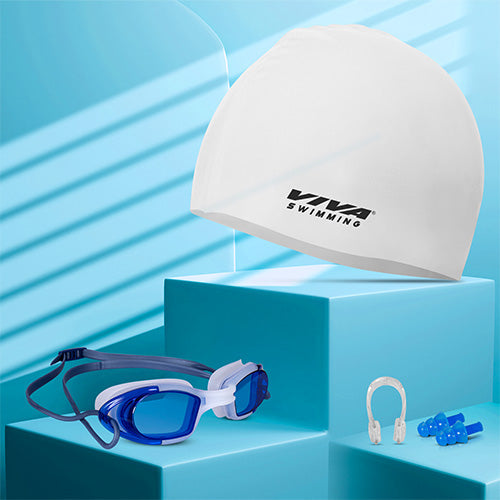 Viva Swimming Combo 616 Swimming Goggles & Swimming Cap, 2 Ear Plug With Nose Clip Swimming Kit Anti-Fog, UV Protection For Adults, Boys, Men