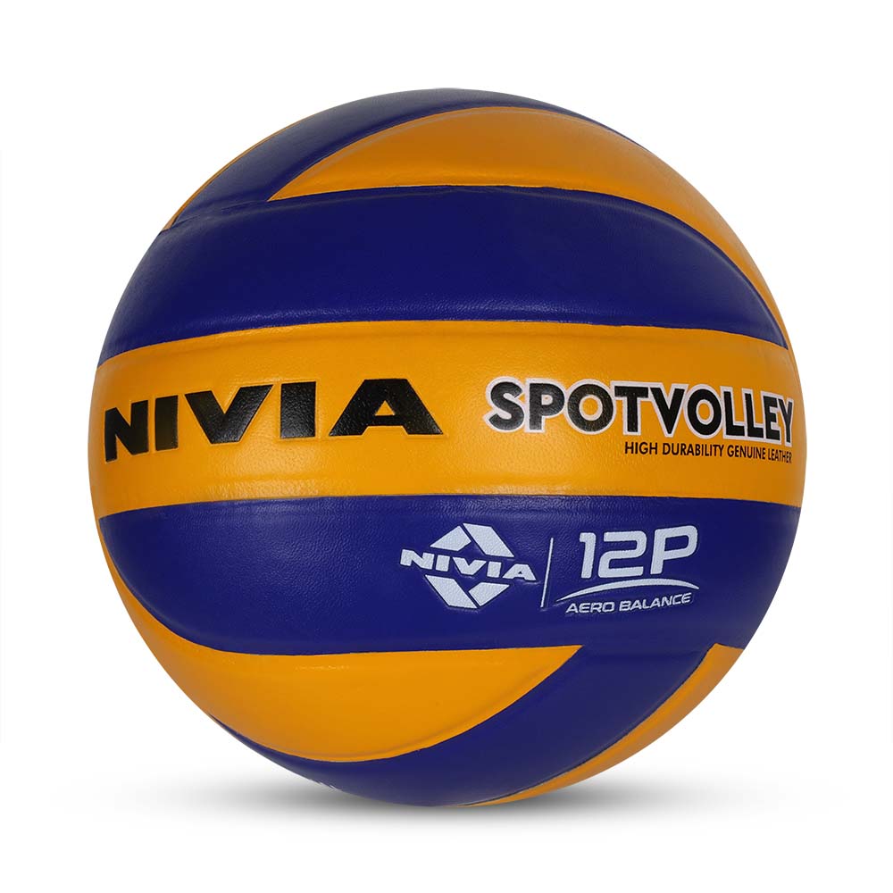 NIVIA SPOTVOLLEY, 12 Panels, Genuine Leather Pasted, Butyl Threadwounded Bladder, As Per VFI Standard , Made for Championships , to Play on All Kind of Indoor & Outdoor Surfaces