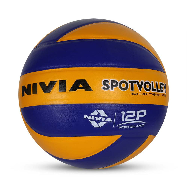 NIVIA SPOTVOLLEY, 12 Panels, Genuine Leather Pasted, Butyl Threadwounded Bladder, As Per VFI Standard , Made for Championships , to Play on All Kind of Indoor & Outdoor Surfaces
