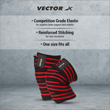 Vector X Knee Wraps/Knee Stabilizer/Knee Bands/Knee Support Compression Straps Set for Weightlifting, Gym Workout, Sports, Squats, Crossfit, Powerlifting, Deadlifts and Heavy Lifting |Washable Fabric- Men and Women  (2 Meters Length, 1 Pair) Black-Red