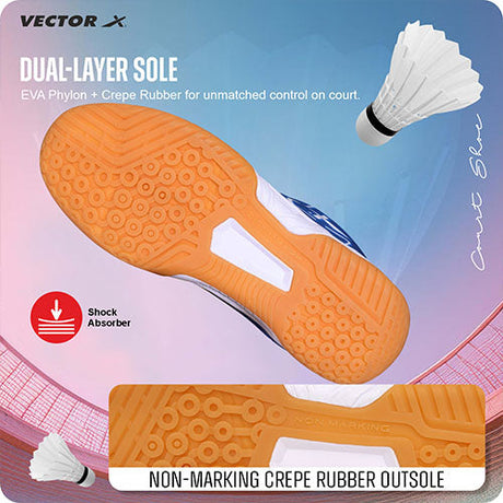 Vector X Trackle Badminton/Court Shoes Non Marking Synthetic Leather, Mesh Upper/Eva Phylon, Crepe Rubber Sole|Best for Squash, Table Tennis,Volleyball, Basketball & Indoor Sports