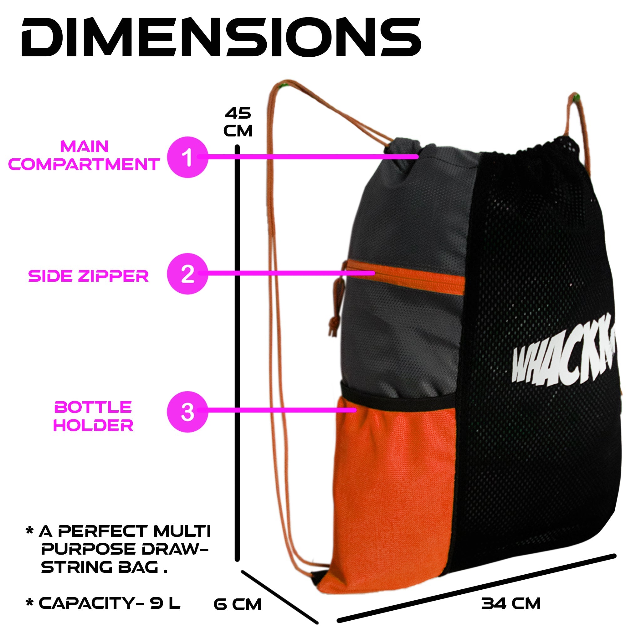 Joss Orange 9L|Sports Bag|Swimming Equipment Bags|Netball Bags|Dry Bags|Drawstring Bag for Shoes & Clothes|Sports Gear|Accessory Pocket |Gym Bag |Tuition Bag|1 Bottle Holder