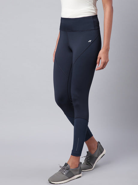 Alcis Women Navy Blue Drytech+ Solid Cropped Training Tights | Alcis