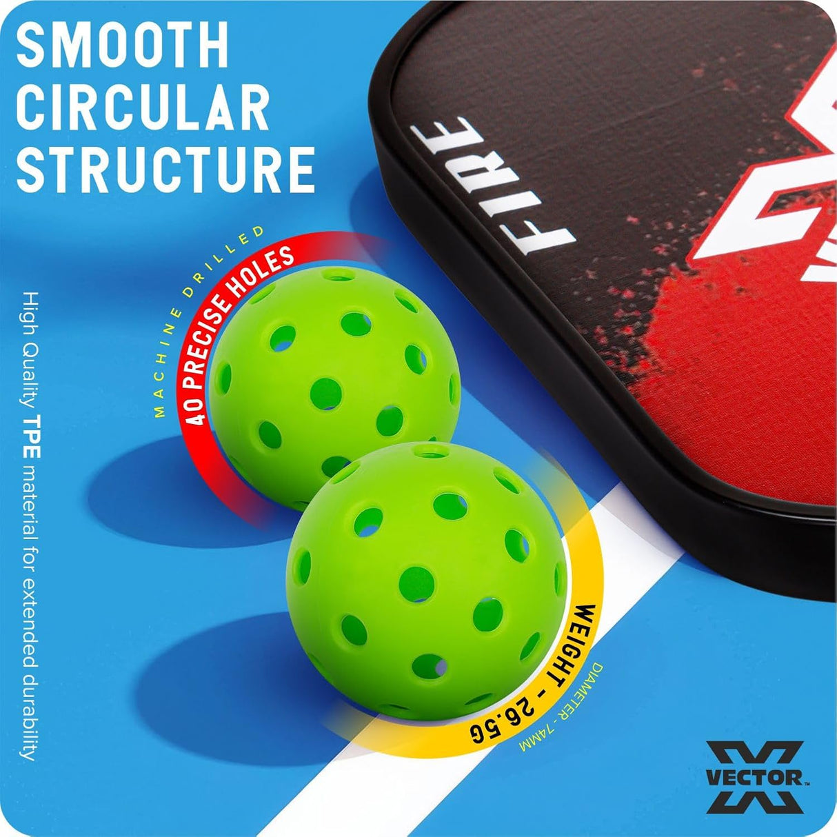 Vector X FIRE Pickle Bat, Lightweight Carbon Fiber Material, Face Honeycomb Composite Core Paddle Low Edge Guard, Durable, Lightweight Pickleball Racket (1 Racket+ 2 Pickle Ball+Carry Bag)