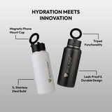 Soulbottel Magx – 1L Steel Bottle with Magnetic Phone Mount & Tripod Cap (Black & White)