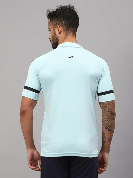 Vector X Mens Sports Wear Polyester Front Printed Collar Neck with Front Zipper Opening Half Sleeves T-shirt For Running, Training, Athletic