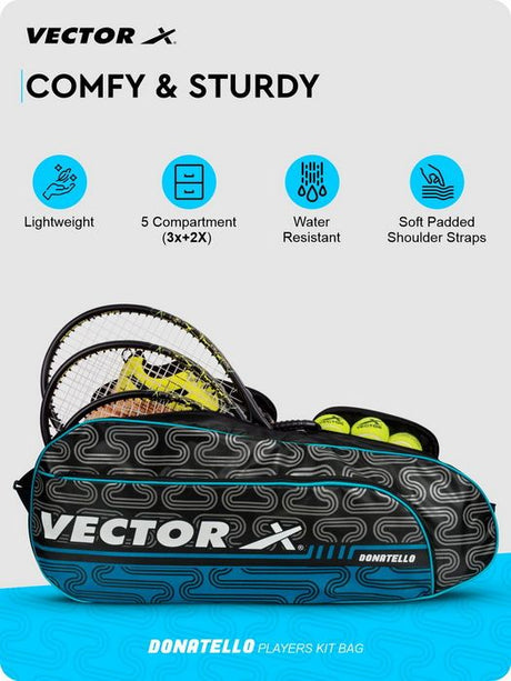 Vector X Donatello Water Resistant 4 Compartment Badminton Bag with Padded Shoulder Strap