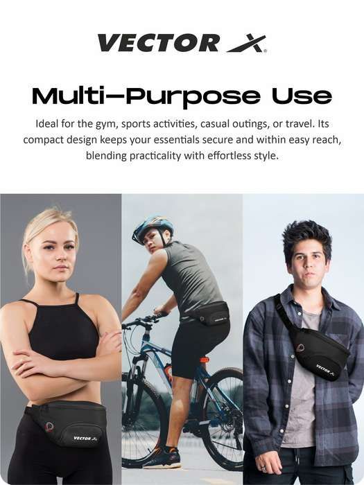 Vector X Stylish Waist Travel Hiking Chest/Fanny Bag with Adjustble Waist Belt, Pouch Sports Pack for Men and Women Premium Stitching, Handy,Versatile, Waterproof Bum Bag