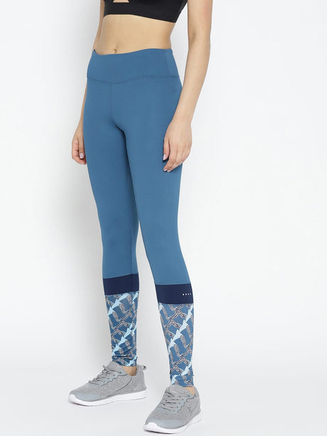 Alcis Women Teal Blue Solid Running Tights with Printed Detail | Alcis