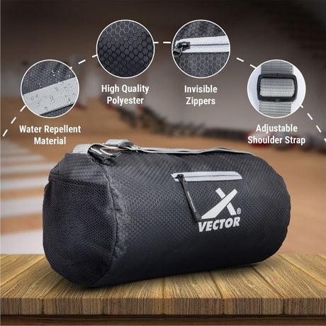 Vector X Attacker Polyester Gym Bag|Shoulder Bag|Sports Bag|Sports & Travel Bag|Duffle Bags for Men & Women|Exercise and Fitness|Black | Capacity - 20 Liter