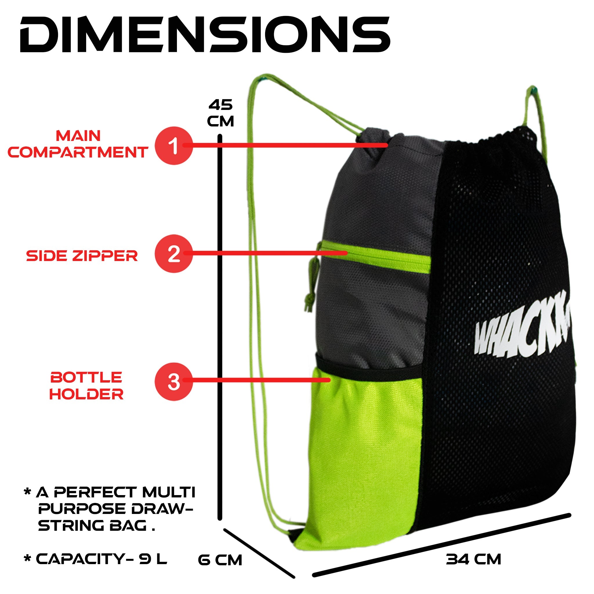 Joss Green 9L|Sports Bag|Swimming Equipment Bags|Netball Bags|Dry Bags|Drawstring Bag for Shoes & Clothes|Sports Gear|Accessory Pocket |Gym Bag |Tuition Bag|1 Bottle Holder