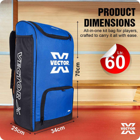 Vector X Greenfield 60 LTR. PU Polyester Cricket Backpack Senior Kit Bag Without Wheel|1 Pocket for Bat|Shoe & Accessories Pockets |1 Water Bottle Holders|Lightweight |Dual Opening (Blue - Black)